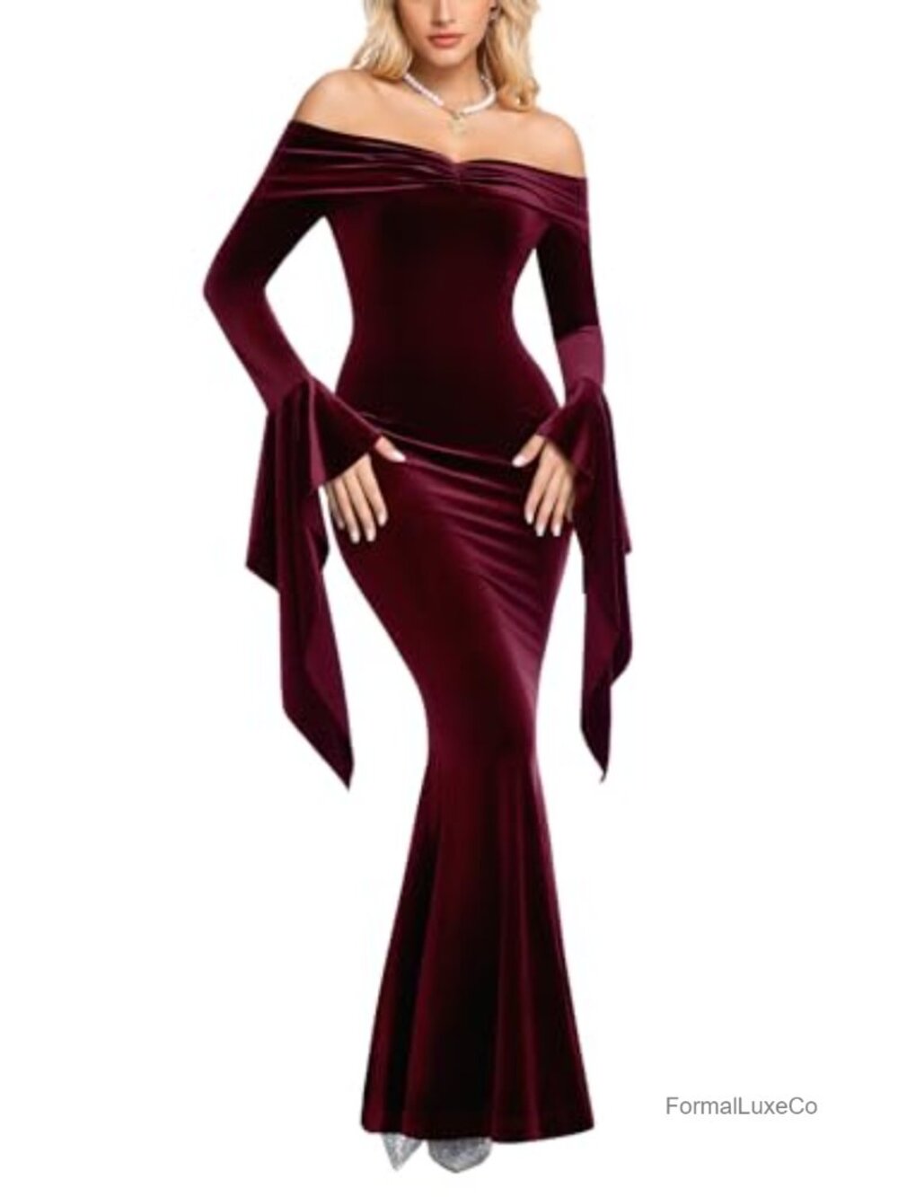 Velvet Off Shoulder Long Sleeve Mermaid Maxi Formal Wedding Dress